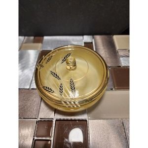 1960s Vintage Czech Bohemian Amber Glass Bowl With Lid Cut Glass Wheat Pattern